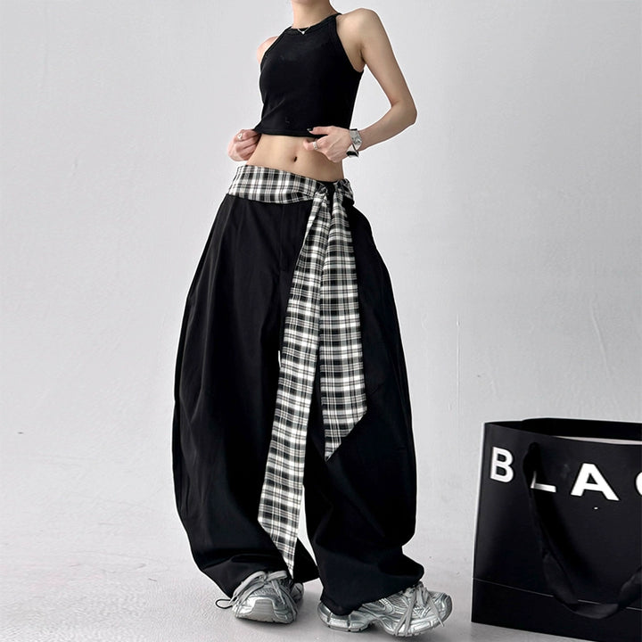 Wide Leg Plaid Belt Casual Pants