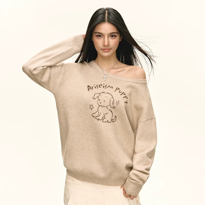 Sweatshirt décontracté avec graphique de chiot rétro 