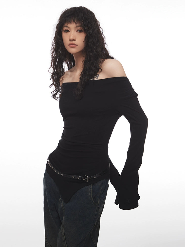 不規則なワンショルダー長袖タートルネック 