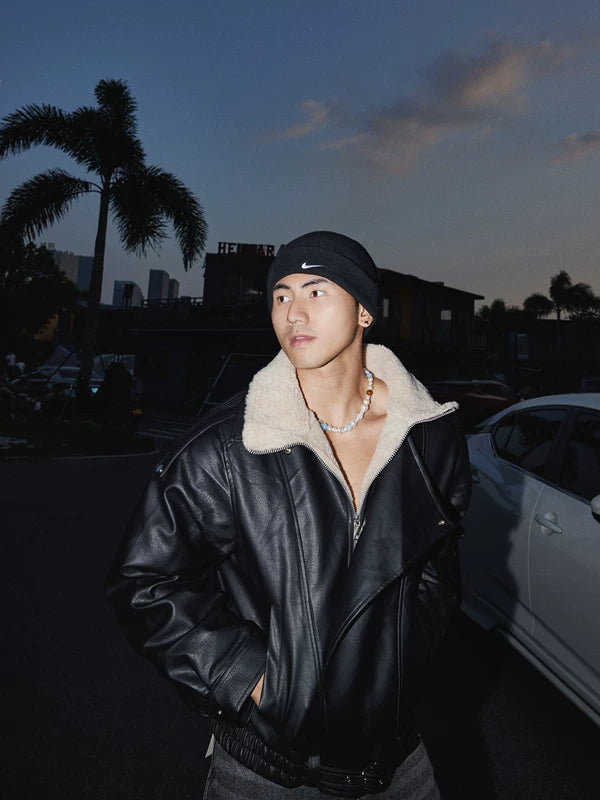 Retro faux läder motorcykeljacka med Sherpa 