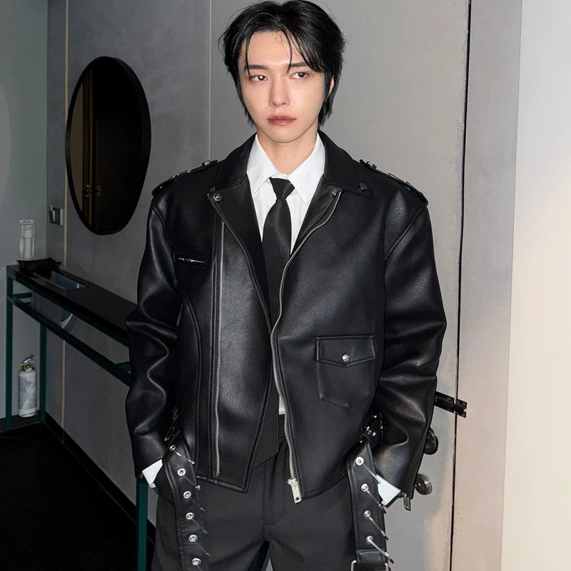 Buckle Detail Motorcycle Leather Jacket