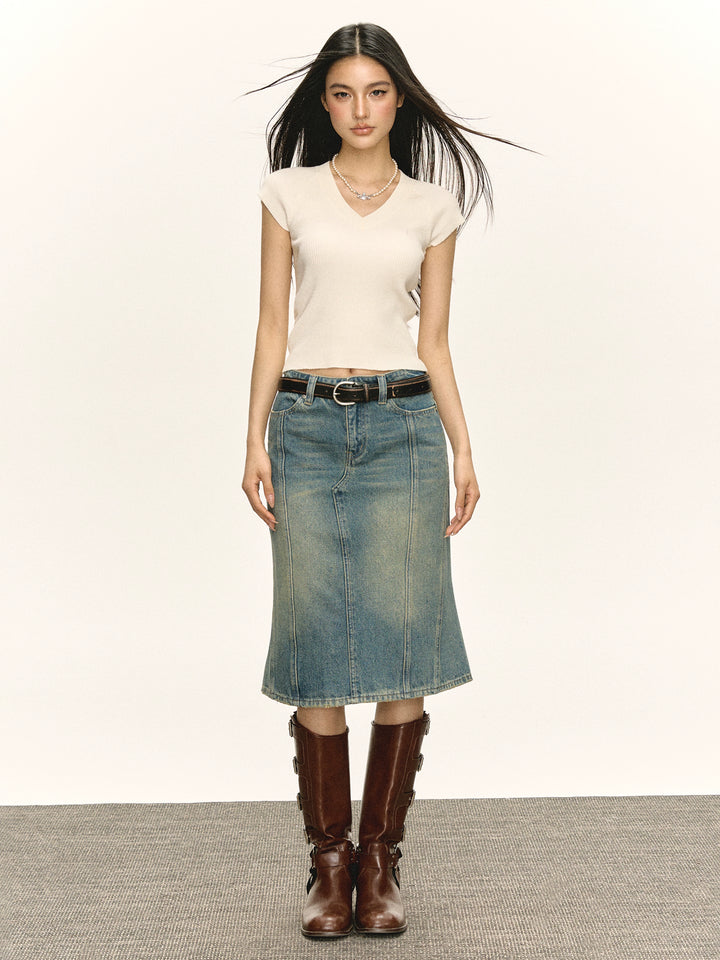 Retro Denim Midi Skirt Casual Fit