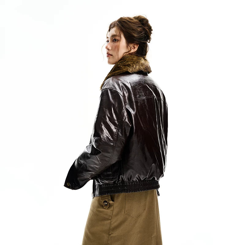Retro faux fur krage PU läderjacka 