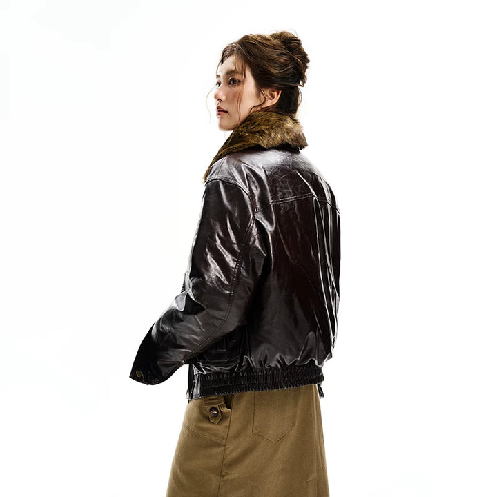 Retro faux fur krage PU läderjacka 