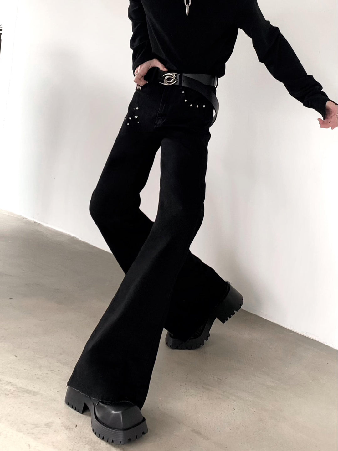 Slim Fit Riveted Flared Jeans