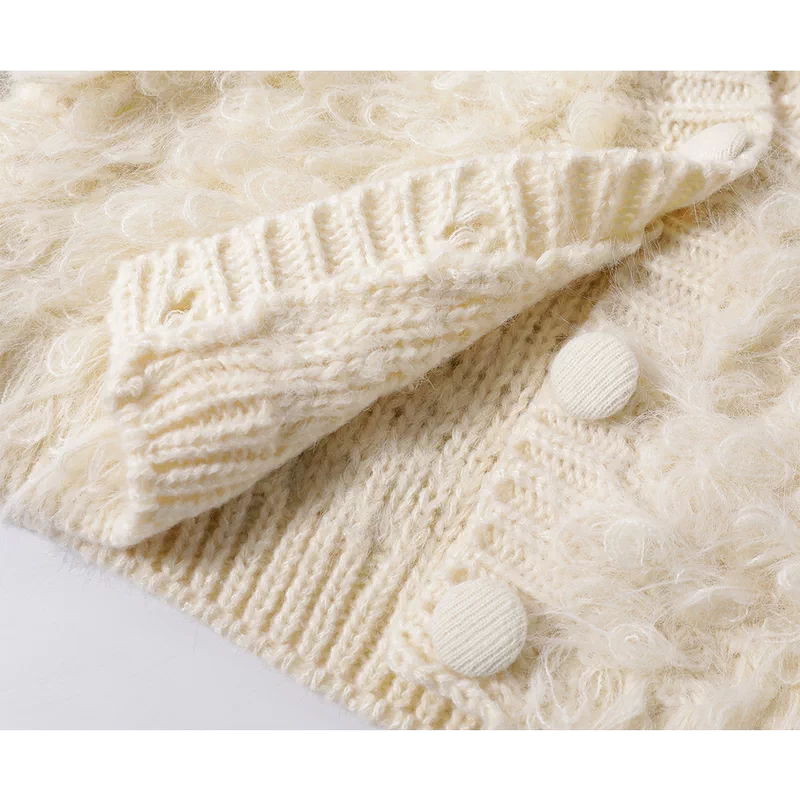 Cárdigan de botón frontal con escote en V de bucle difuso 