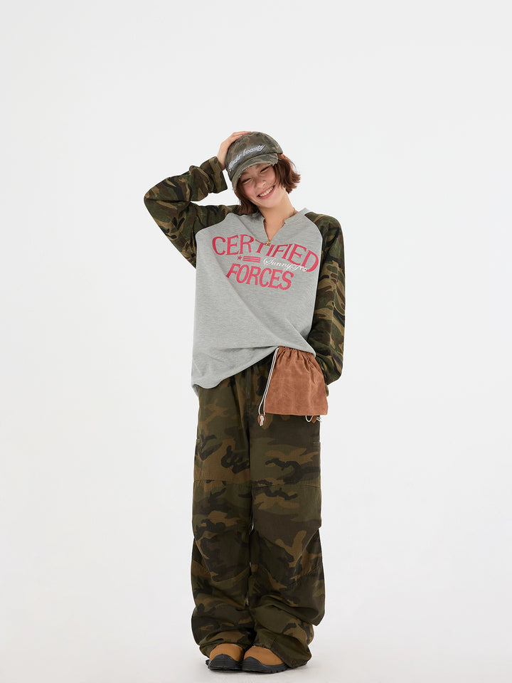 Waffle Knit Camouflage Mouw Sweatshirt 