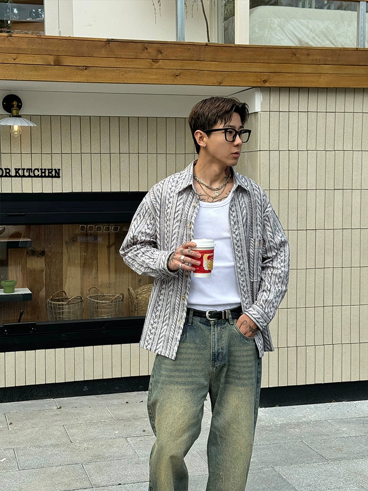 Jacquard Pattern Long Sleeve Casual Shirt