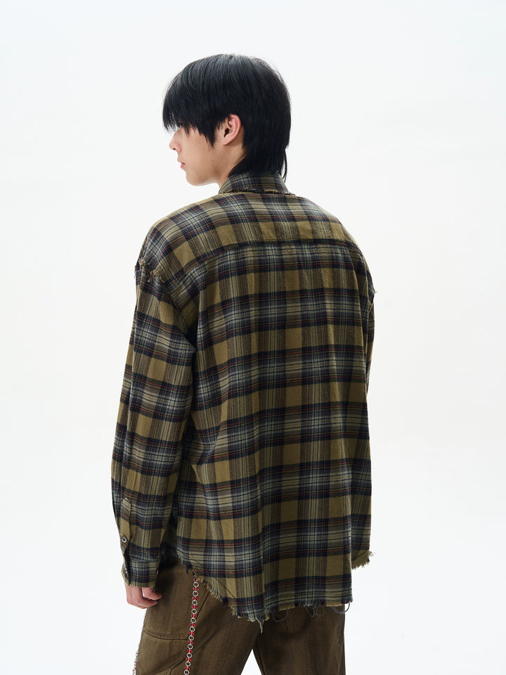 Camicia lunga a maniche larghe a quadri retro 