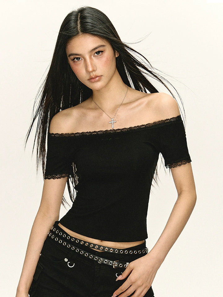Off Shoulder Slim Fit Lace Trim Top