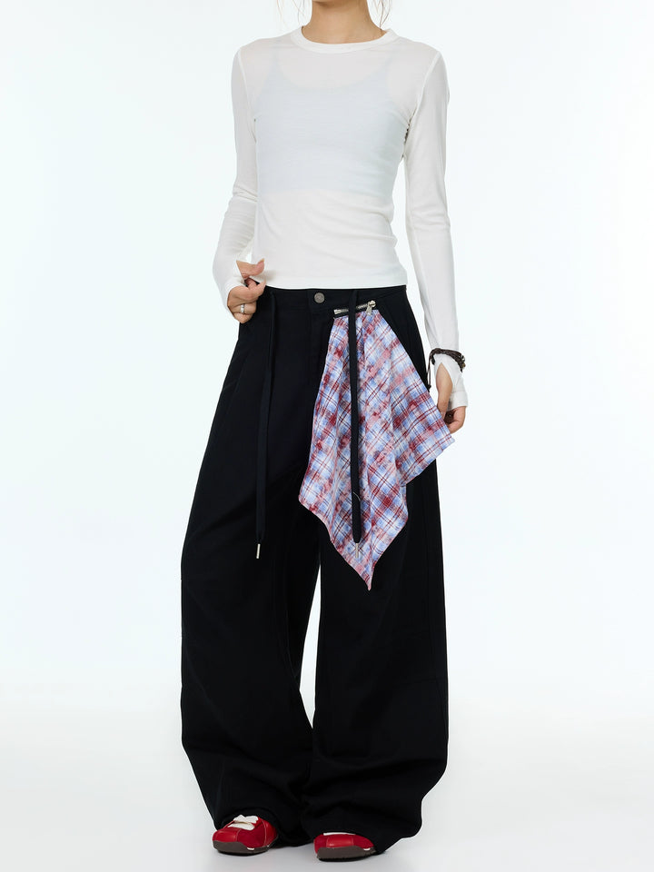 Wide-Leg Casual Pants with Plaid Scarf