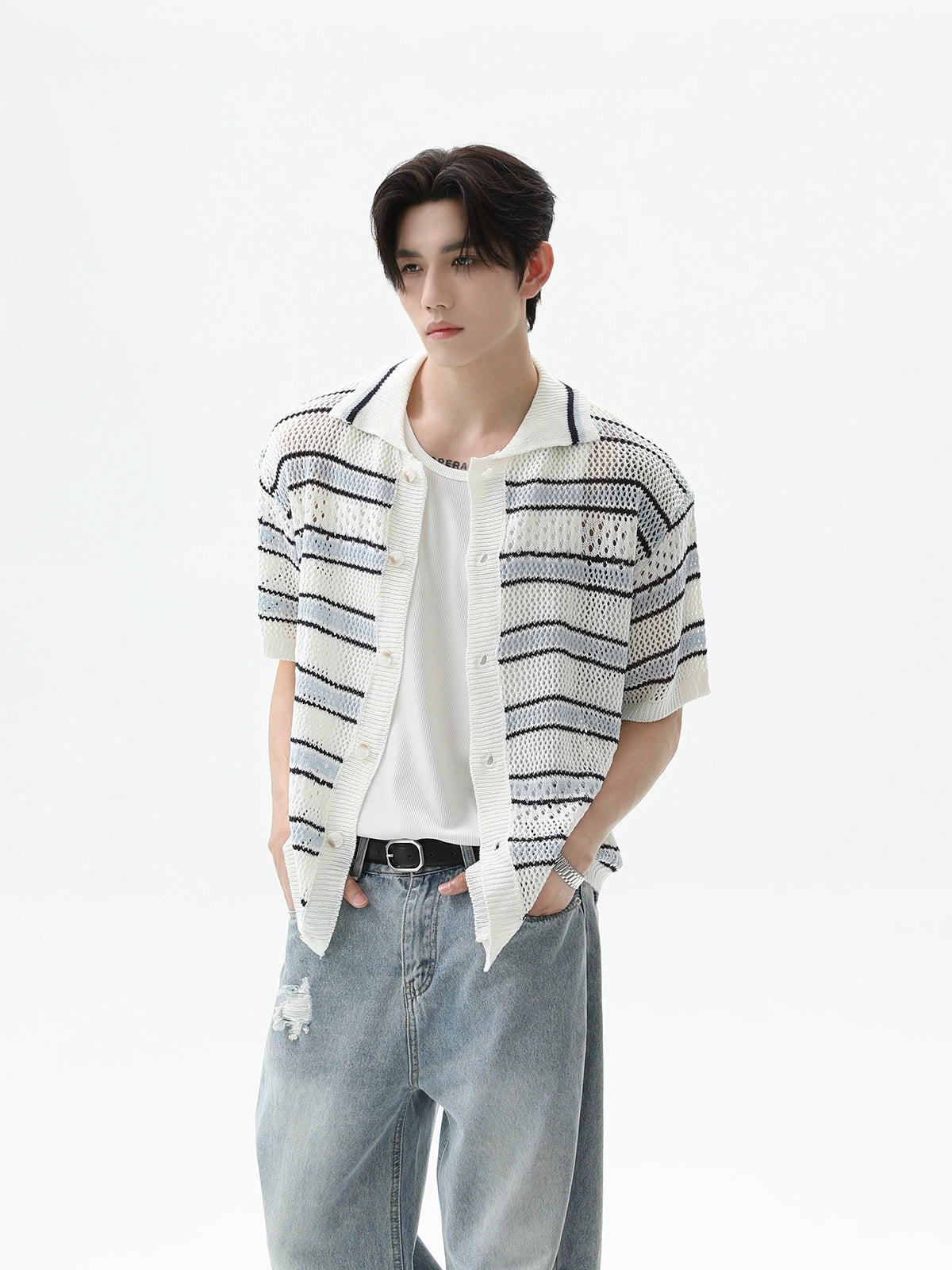 Hollow Knit Striped Short Sleeve Cardigan