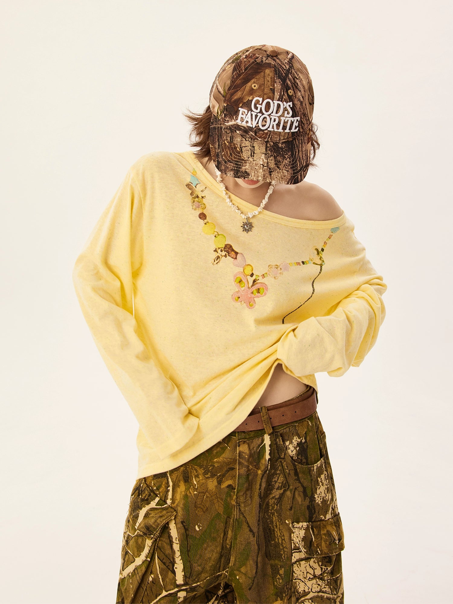 One-Shoulder Tulle Long Sleeve Blouse