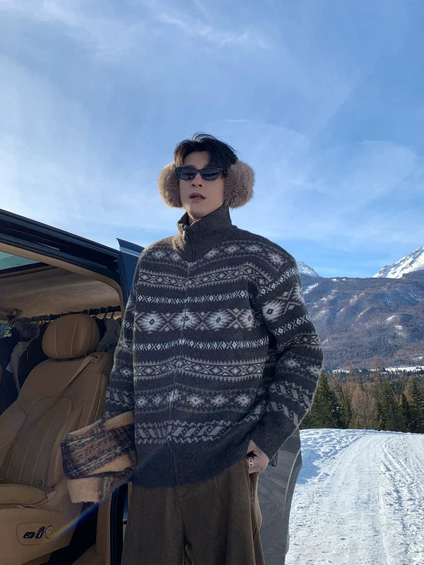 하이 넥 페어 아일 니트 스웨터 