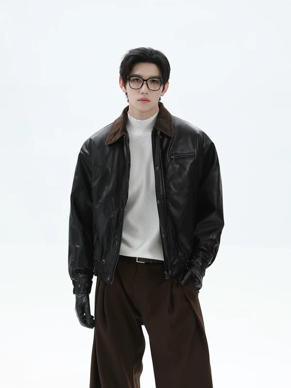 Ретро куртка из искусственной кожи с вельветовым воротником 