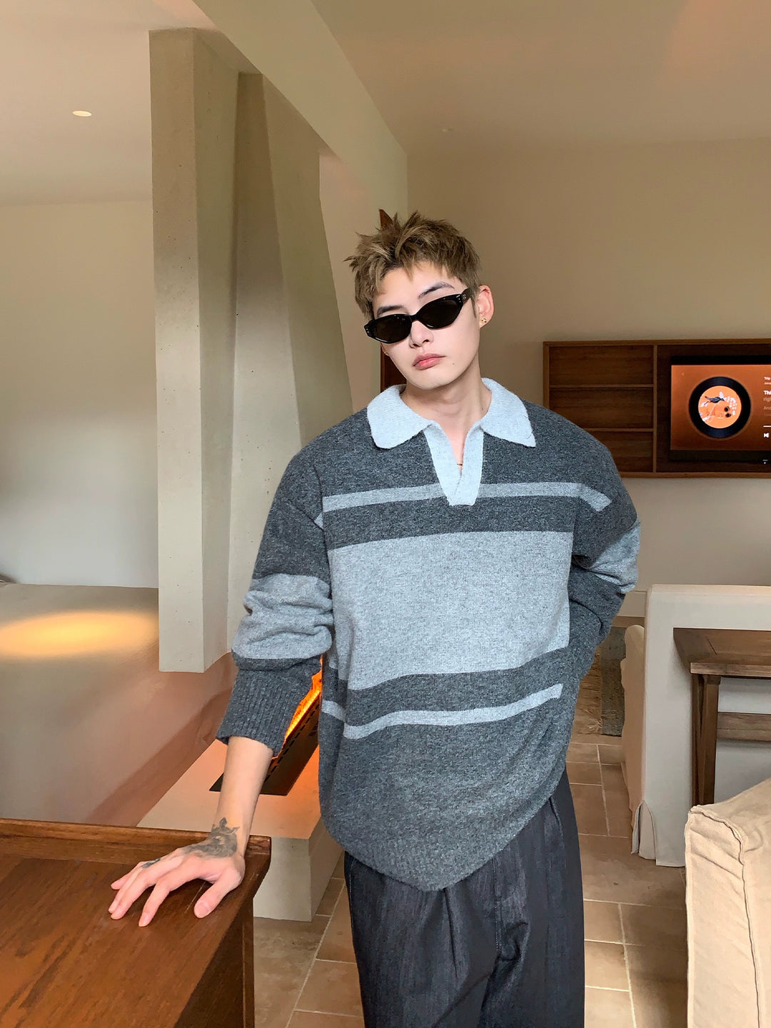 Polo Collar Wool Knit Striped Sweater