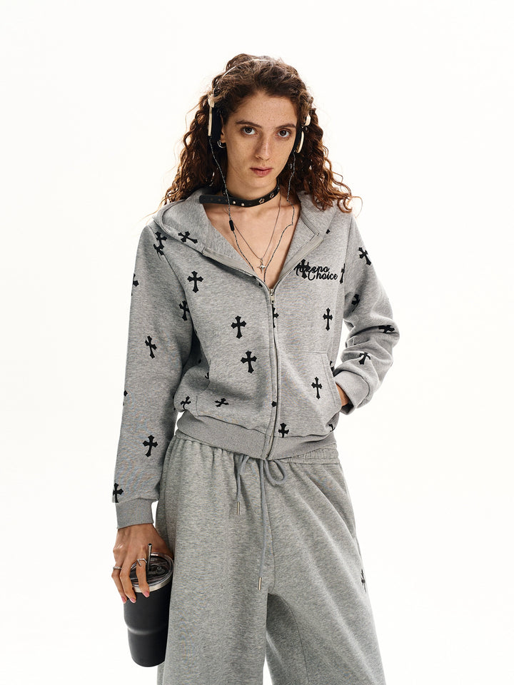 Gothic Cross Print Zip Hoodie