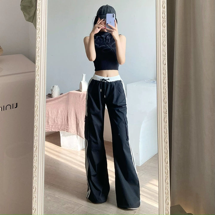 Striped Wide Leg Drawstring Cargo Pants