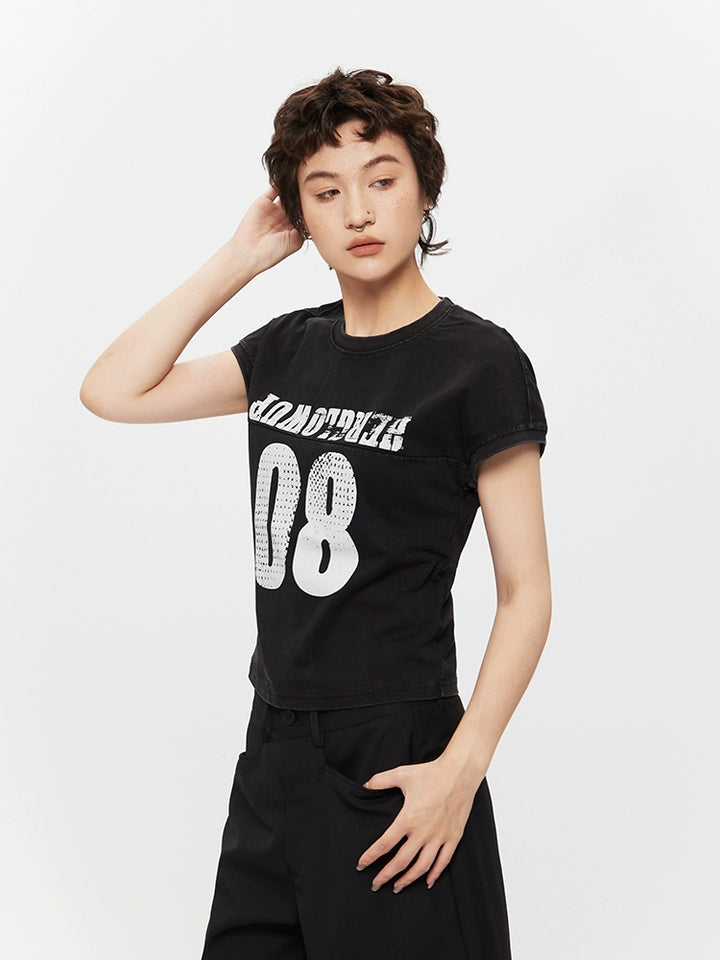 T-shirt à manches courtes en coton usé avec lettre rétro 
