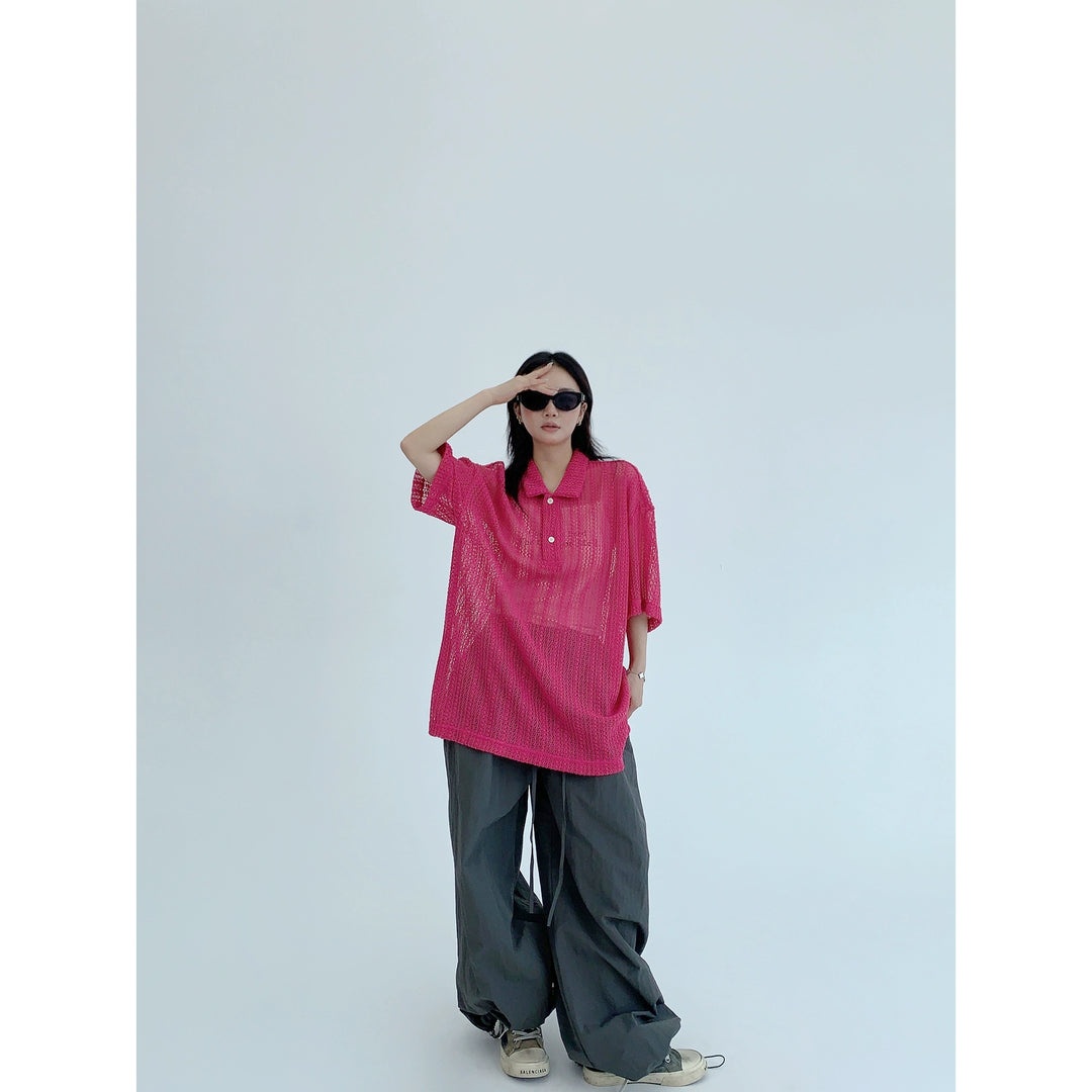 Hollow Knit Polo Collar Short Sleeve Top
