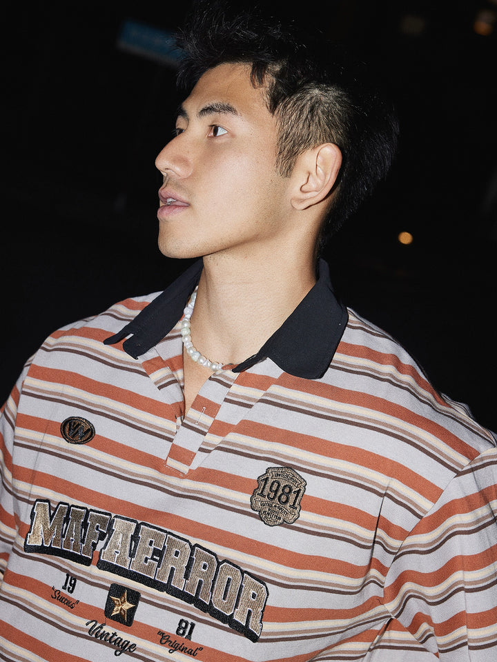 Vintage Style Striped Embroidered Polo Shirt