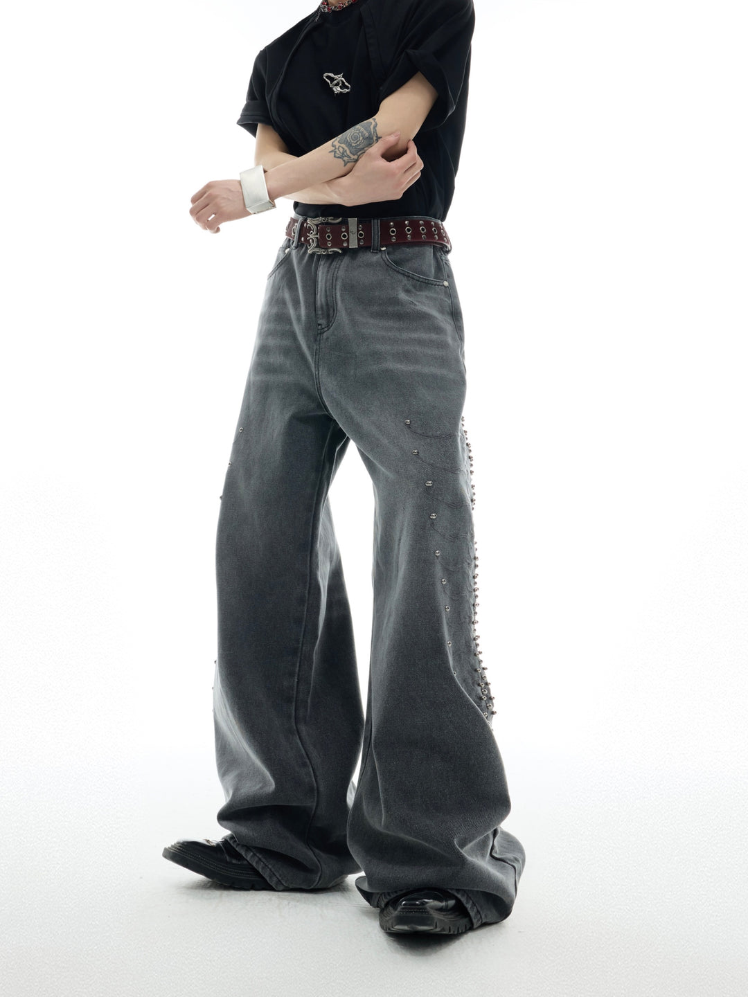 Metal Rivet Design Wide-Leg Pants