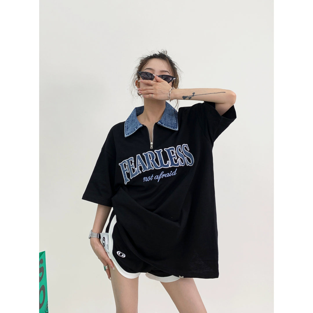 Embroidered Polo Collar Loose T-Shirt