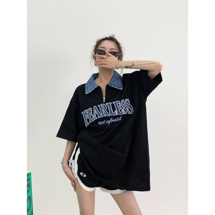 Embroidered Polo Collar Loose T-Shirt