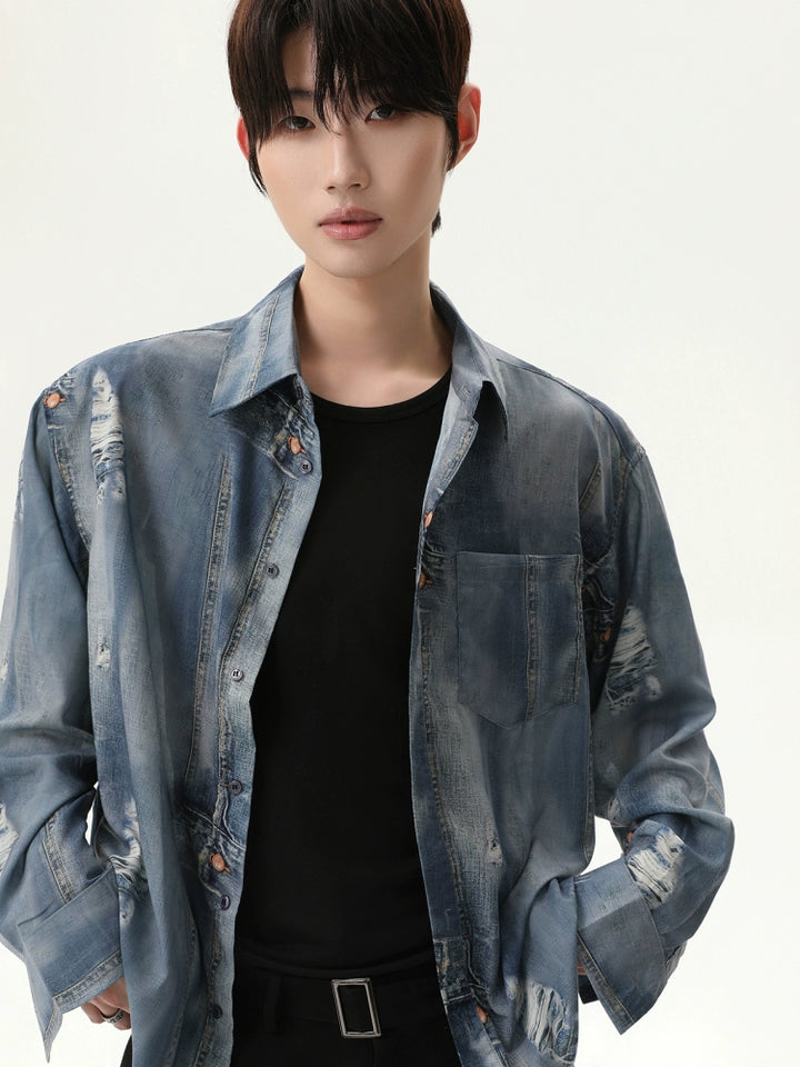 Imitation Denim Print Short Sleeve Shirt