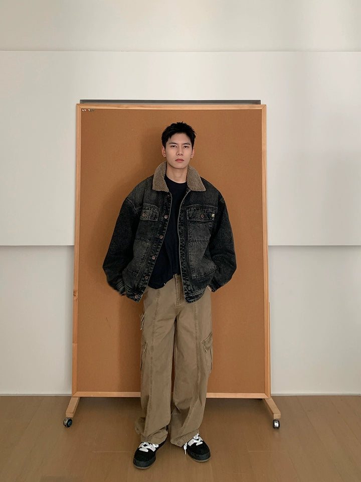 Veste en denim avec col en laine d'agneau 