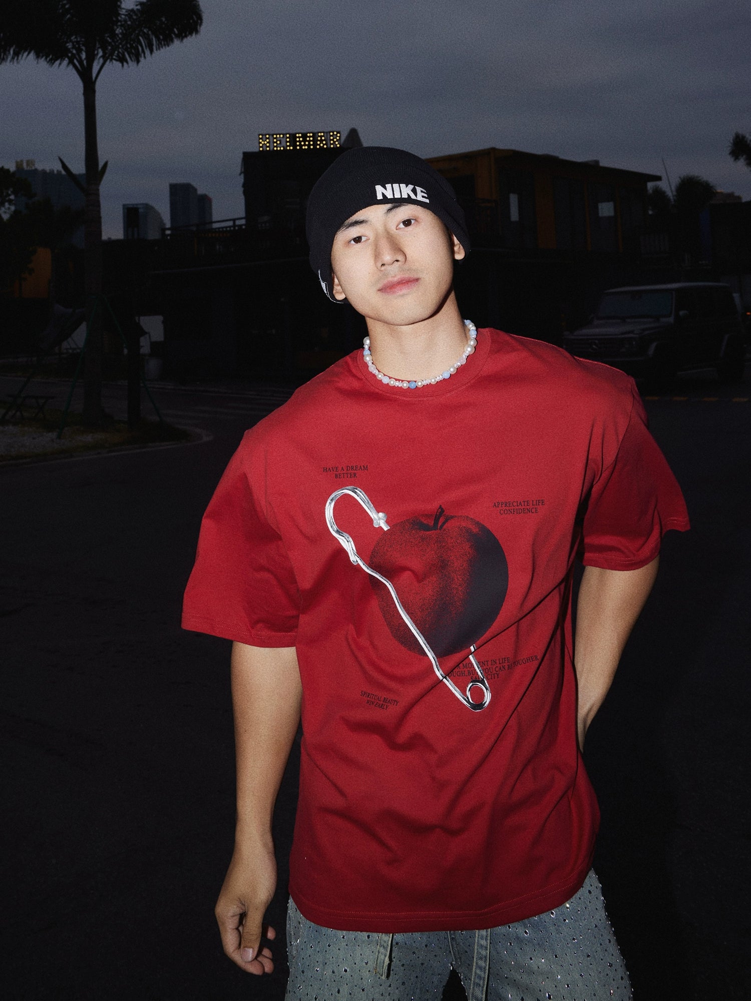 Apfel Druck Lockeres Fit Kurzarm T-Shirt 