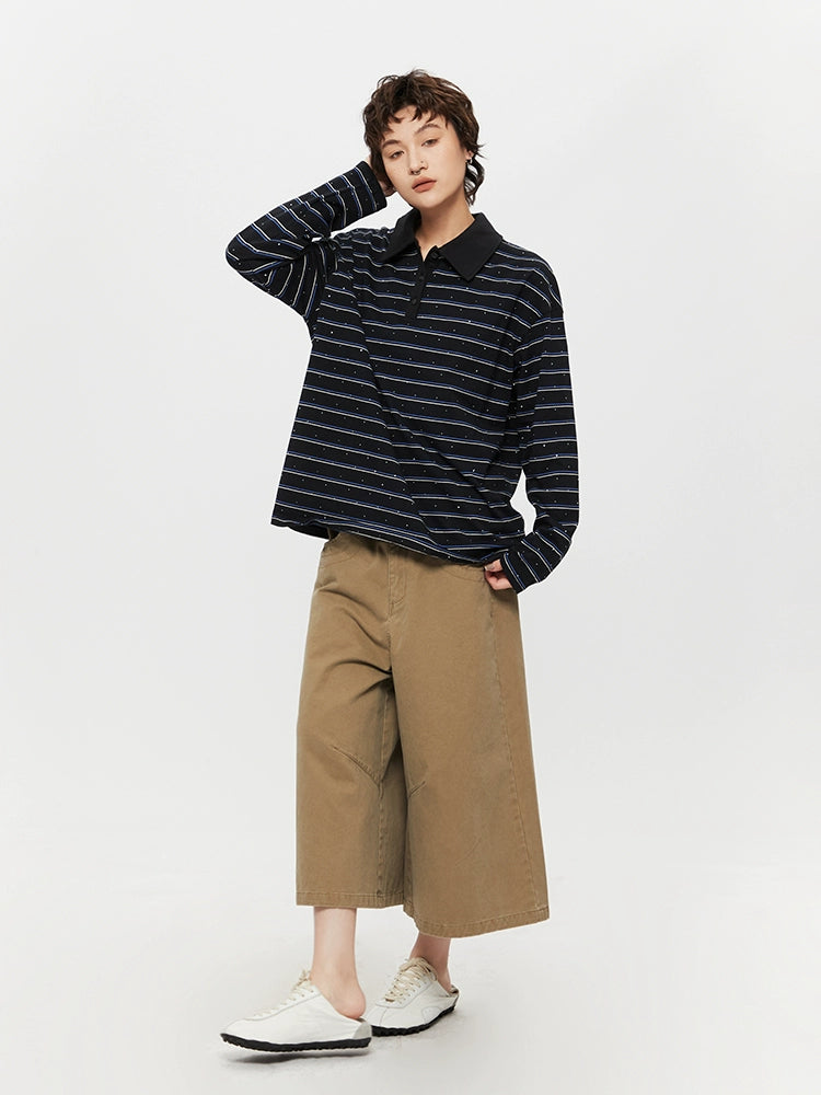 Striped Polo Collar Long Sleeve Top