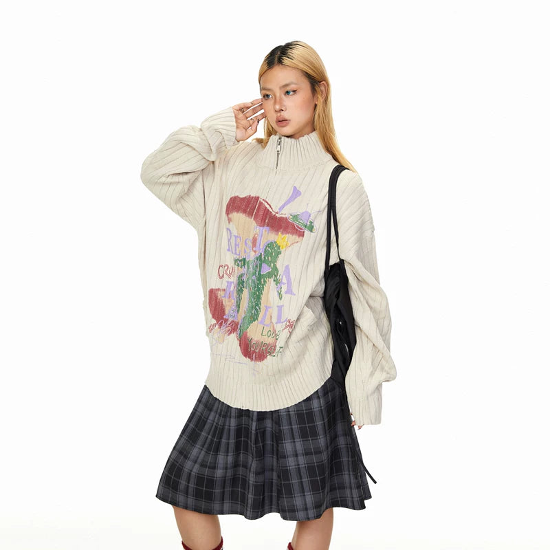 Cartoon Half-Zip Stand Collar Sweater