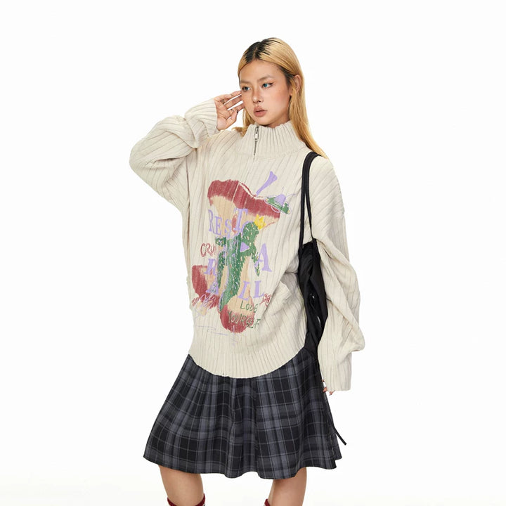 Cartoon Half-Zip Stand Collar Sweater