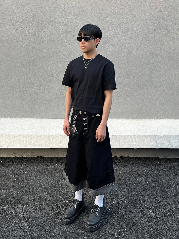 Cropped Denim Shorts with Button Design