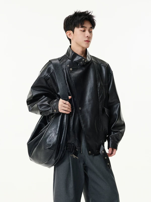 جاكيت دراجة نارية فضفاض من جلد PU 