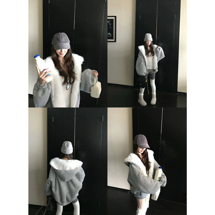 Plush Faux Fur Hooded Sweatshirt Jacket