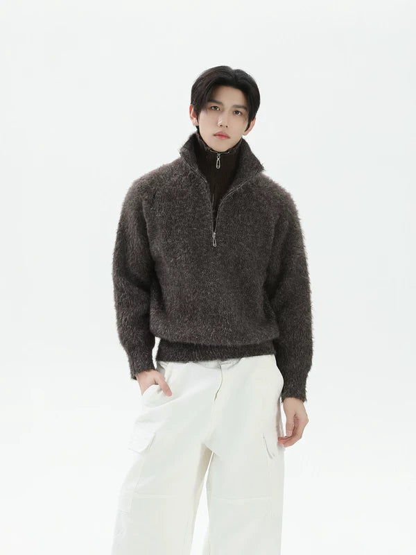 페이크 투피스 하프 집 니트 스웨터 