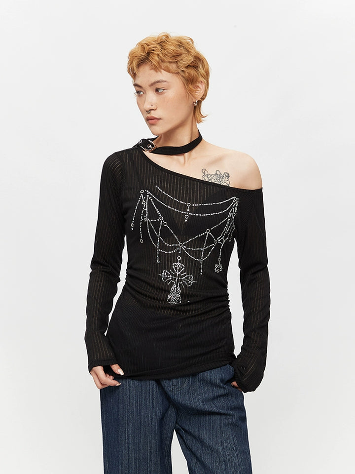 Off-Shoulder Sheer Long Sleeve Top