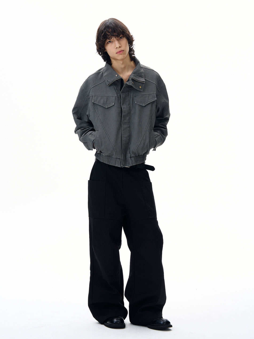 Jaqueta de Couro Desgastada em Denim Imitado Retro 