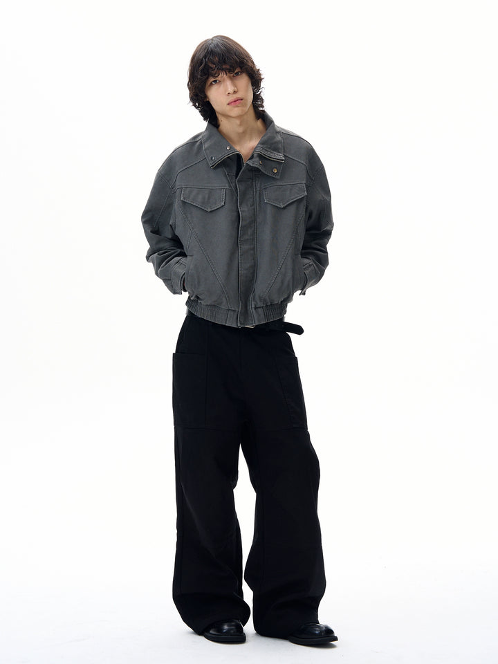 Jaqueta de Couro Desgastada em Denim Imitado Retro 