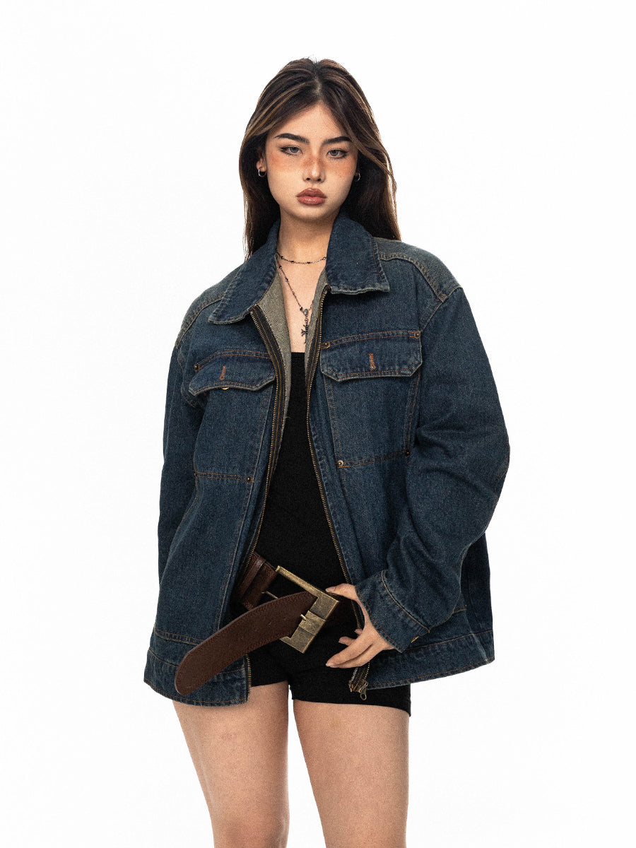 Džínová vyšívaná distressed casual bunda 