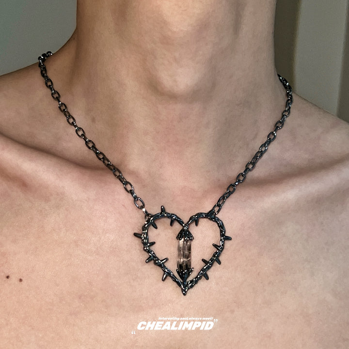 Barbed Heart Gem Pendant Punk Necklace