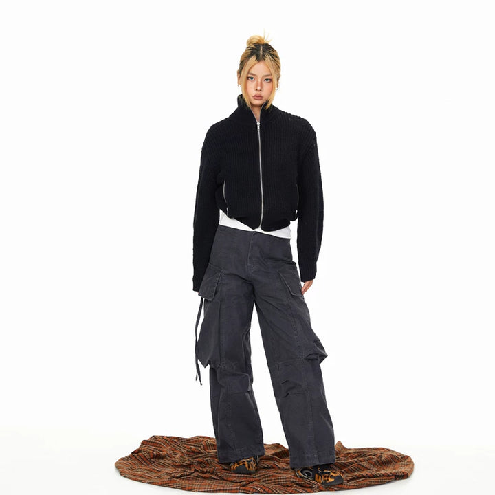 Glidelås Stå Krage Strikket Cardigan Genser 