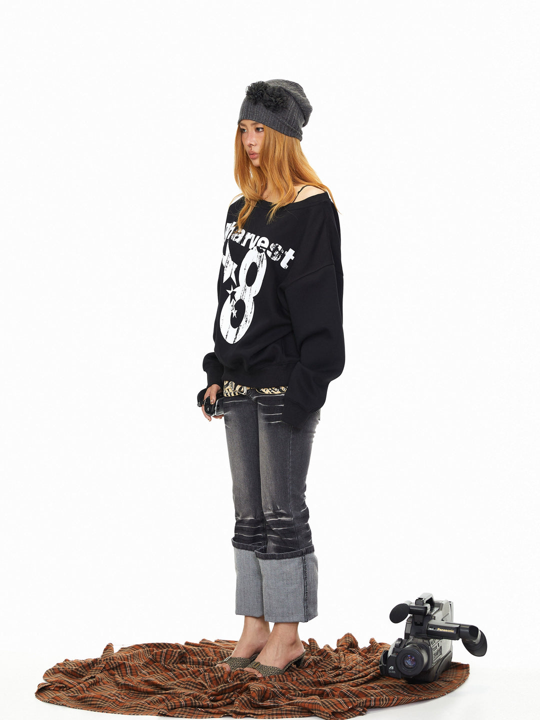 Digital Print Oblique Shoulder Loose Sweatshirt