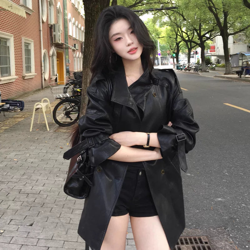 PU Leather Belted Stand Collar Trench