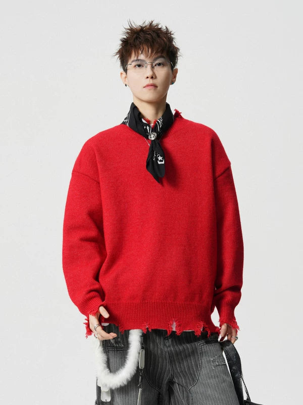 디스트레스 크루 넥 니트 스웨터 