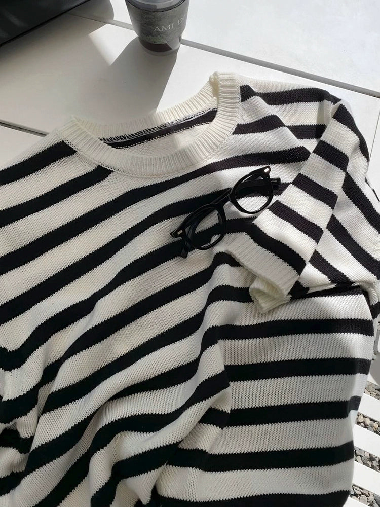 Striped Knitted Short Sleeve Crewneck Top
