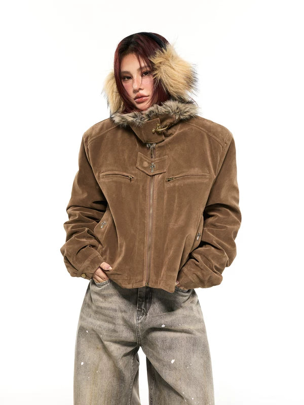 Giacca in suede con zip e colletto in pelliccia sintetica 