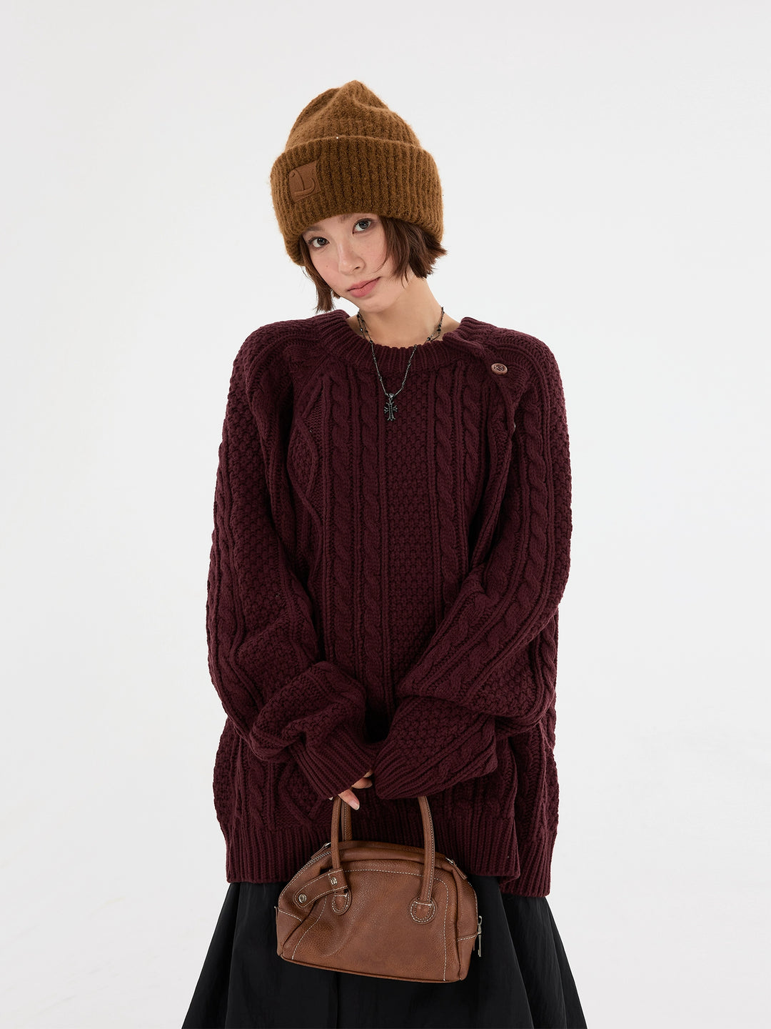 Knappar Kabelstickad Off-Shoulder Tröja 